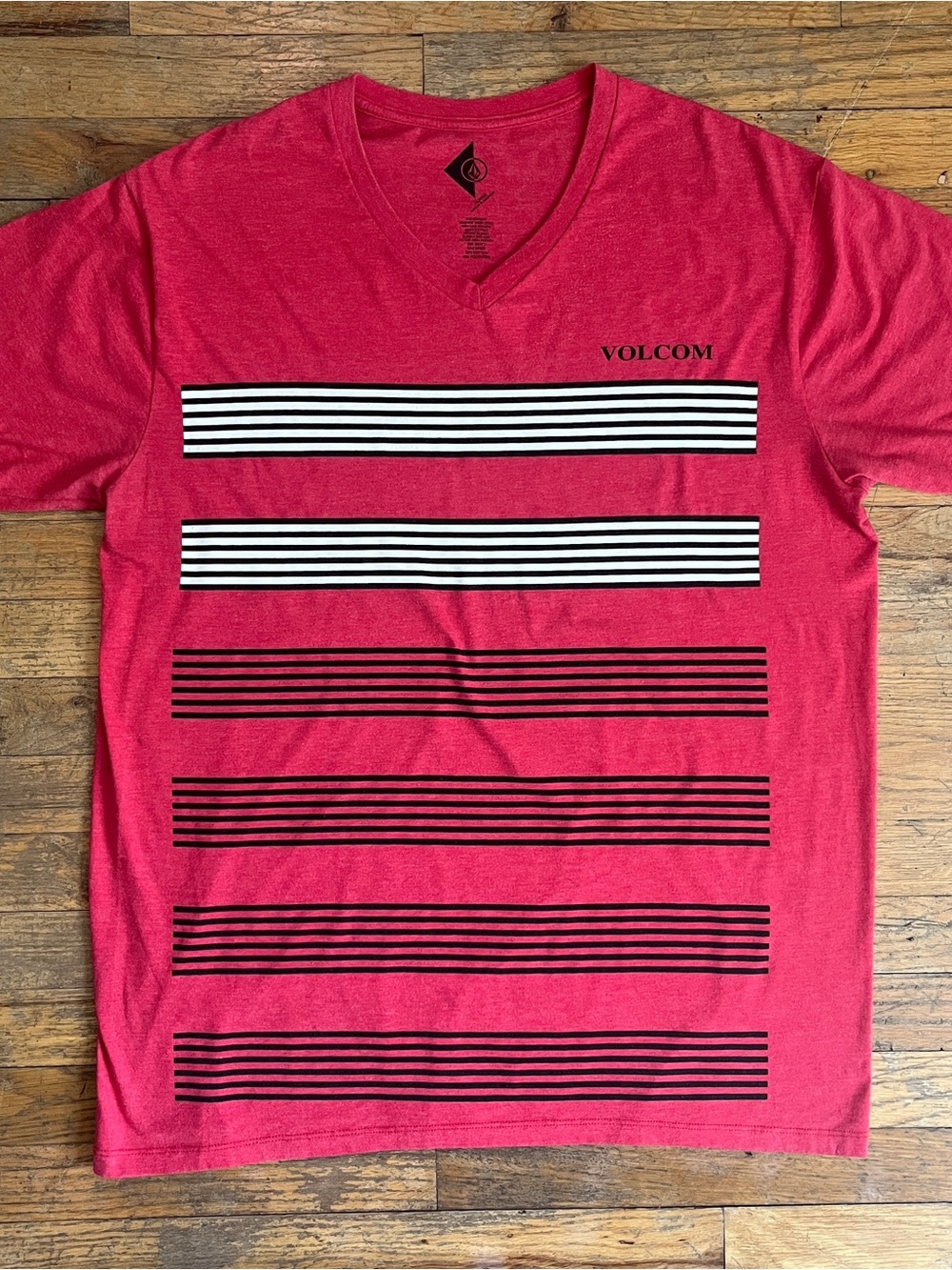 Volcom Men's Bright Red V-Neck Stripe Graphic Tee